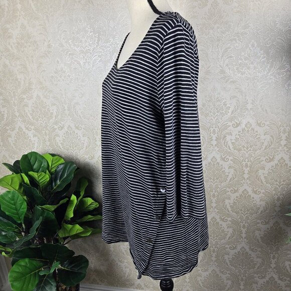 PureJill Size Large Black White Striped Asymmetric Button Tunic Top 3/4 Sleeves - Picture 3 of 8